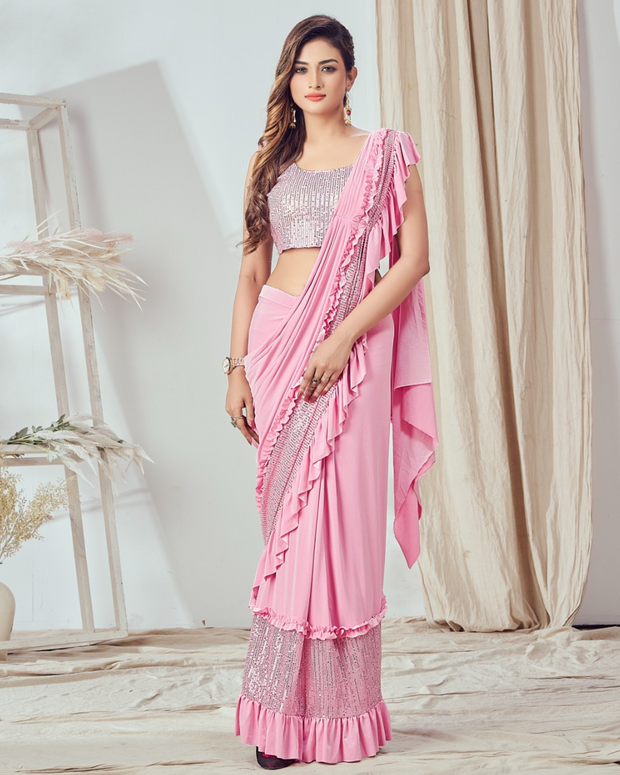 Pink Sequins Work Ready To Wear Saree