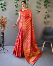 Red Organza Leheriya Saree