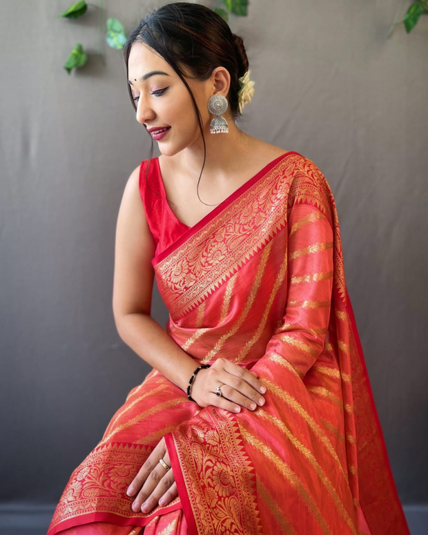 Red Organza Leheriya Saree