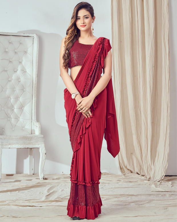 Red Sequins Work Ready To Wear Saree