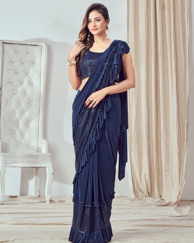 Navy Blue Sequins Work Ready To Wear Saree