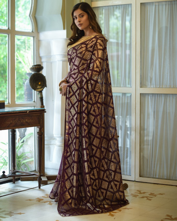 Burgundy Matte Sequence Georgette Saree