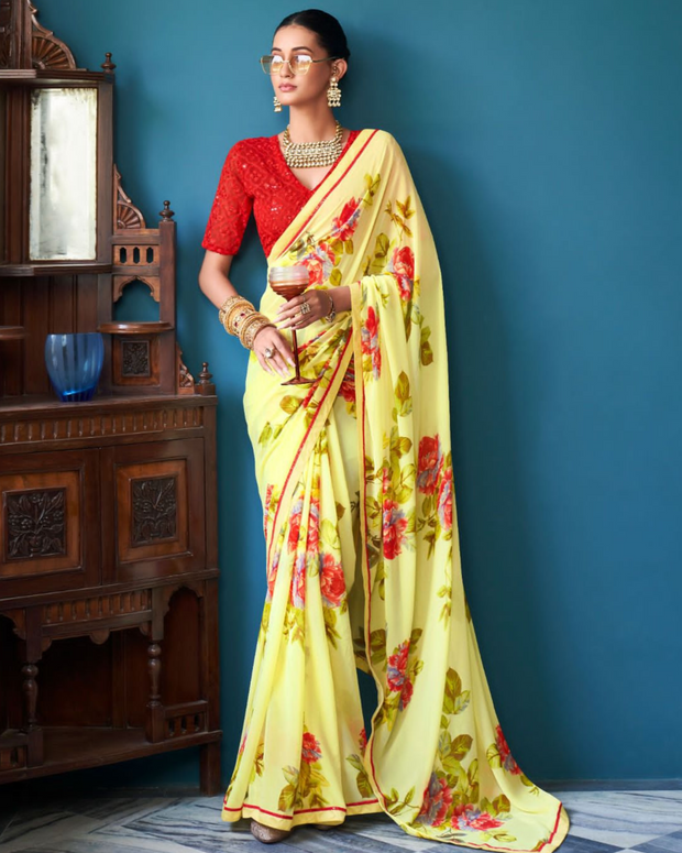 Yellow Floral Printed Saree