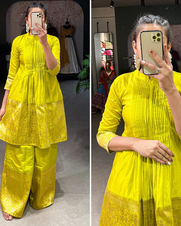 Yellow Silk Zari Detailed Kurta And Plazzo Set