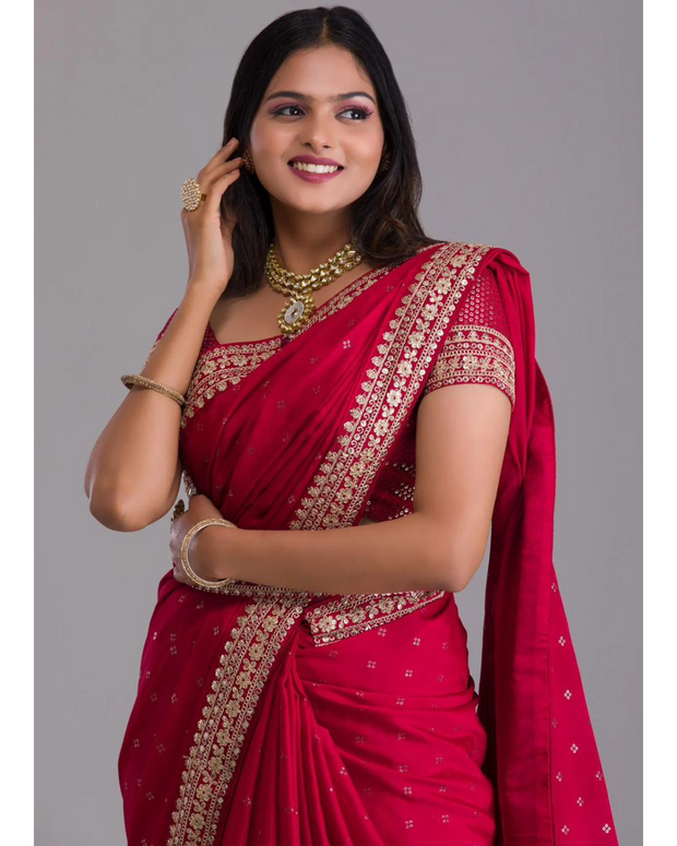 Red Embroidered Sequins Saree