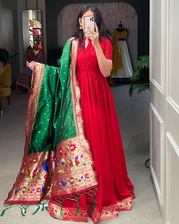 Red Gown With Paithani Dupatta
