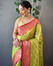 Parrot Green Organza Leheriya Saree