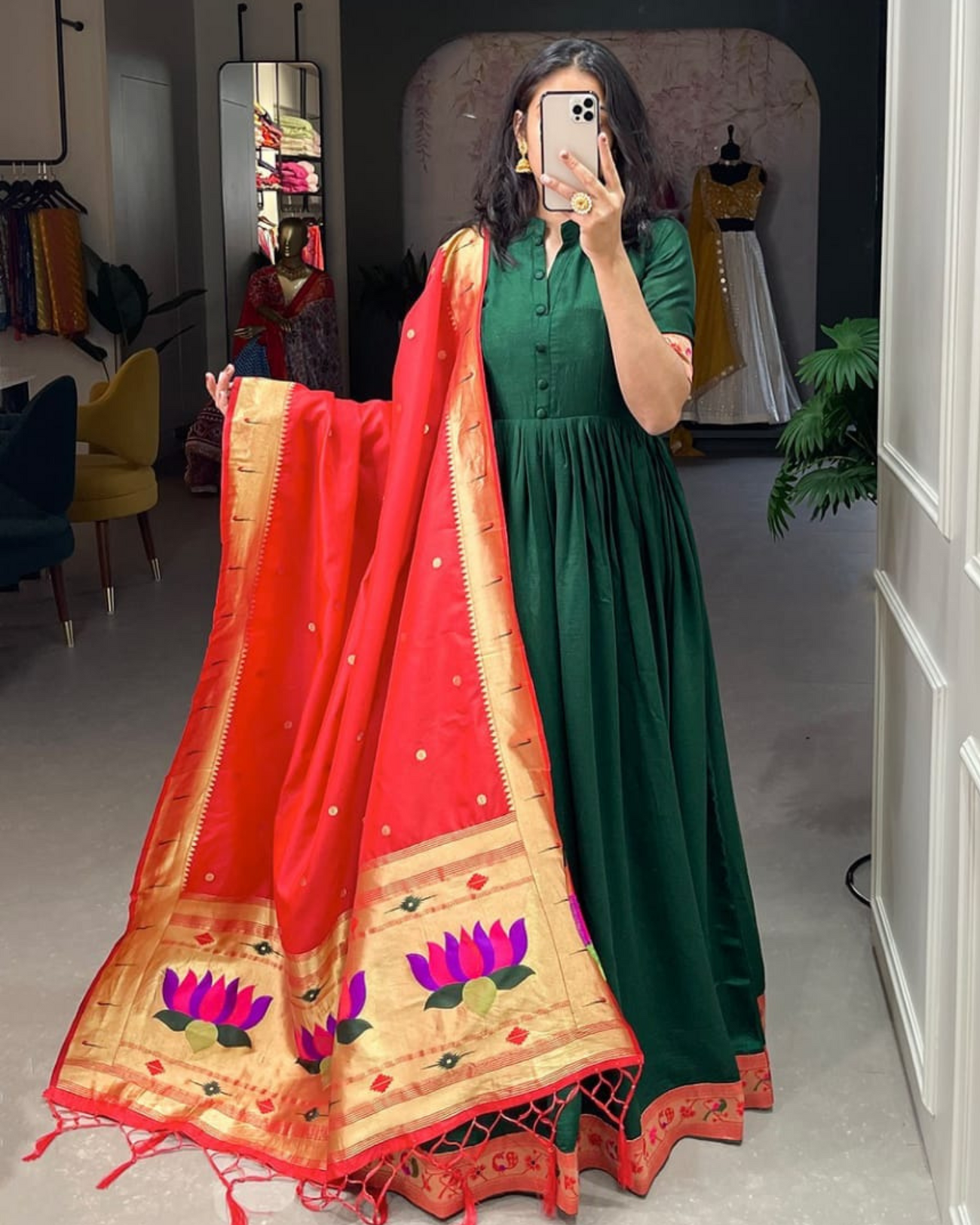 Bottle Green Gown With Paithani Dupatta Jabita's Choice Bottle Green Gown With Paithani Dupatta Jabita's Choice