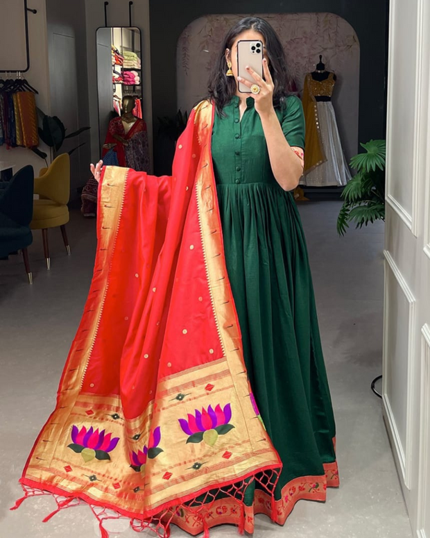 Bottle Green Gown With Paithani Dupatta