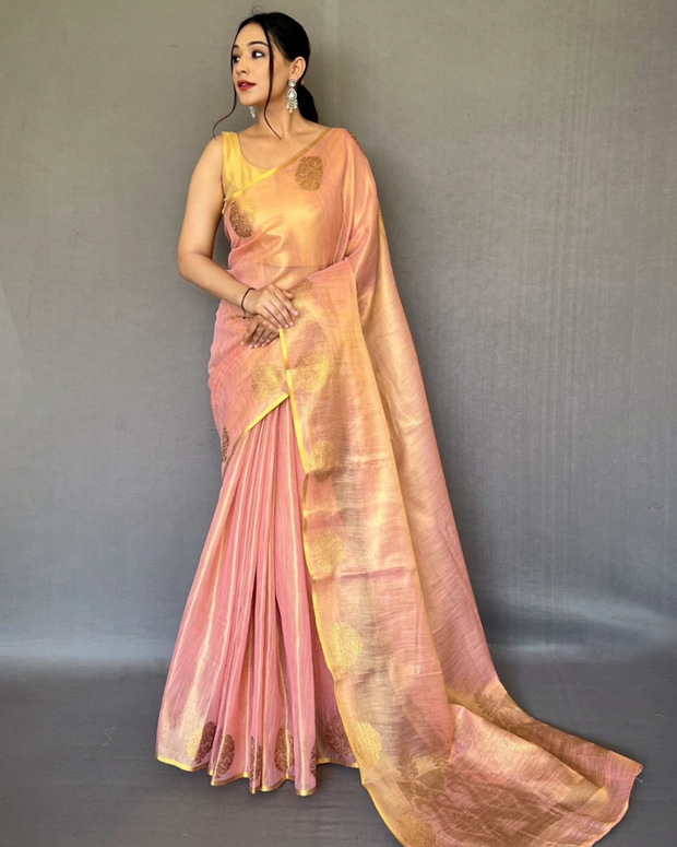 Peach Yellow Tissue Silk Saree