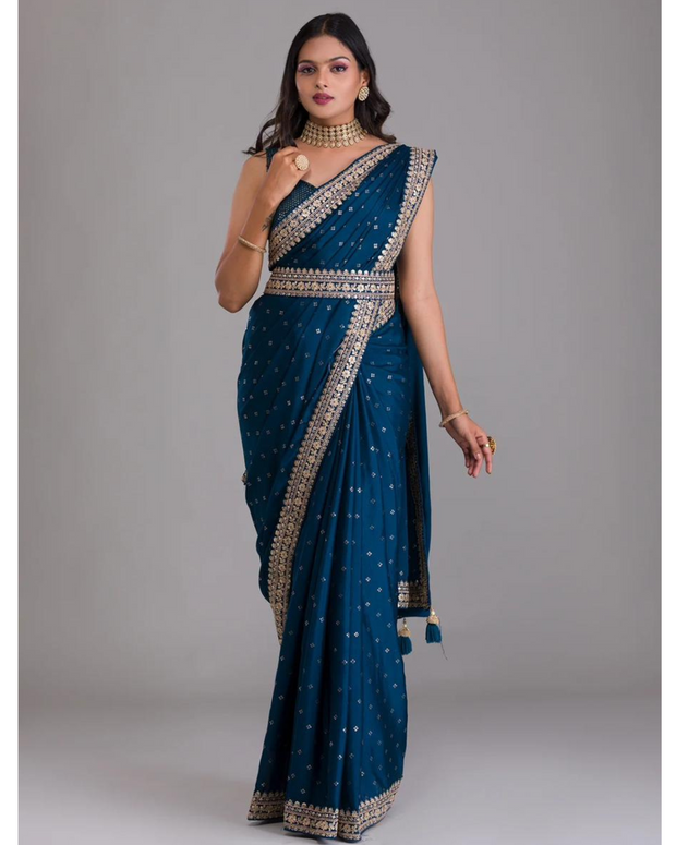 Blue Embroidered Sequins Saree