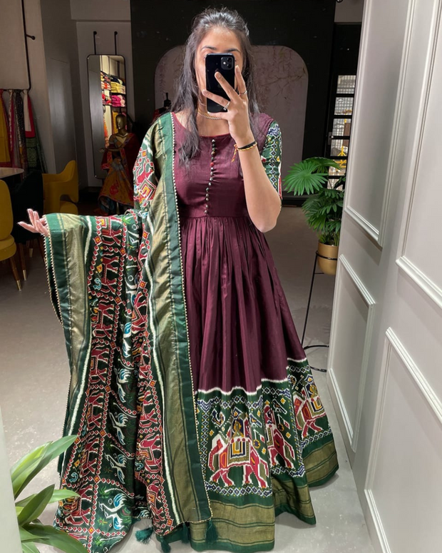 Wine Patola Printed Gown With Dupatta