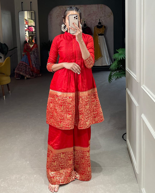 Red Silk Zari Detailed Kurta And Plazzo Set