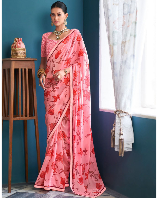 Pink Floral Printed Saree