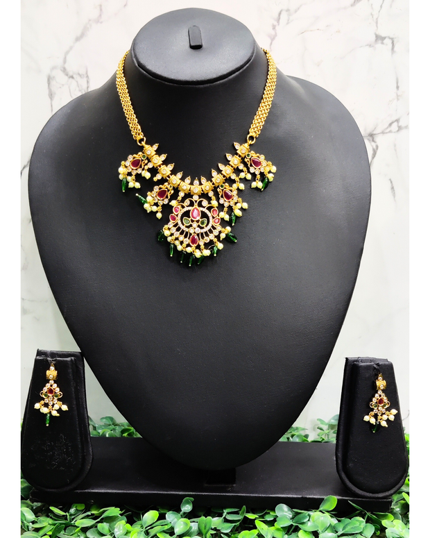 Green And Pink Stone Studded Neckpiece With Earrings