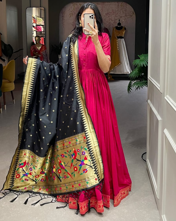 Dark Pink Gown With Paithani Dupatta