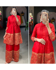 Red Silk Zari Detailed Kurta And Plazzo Set