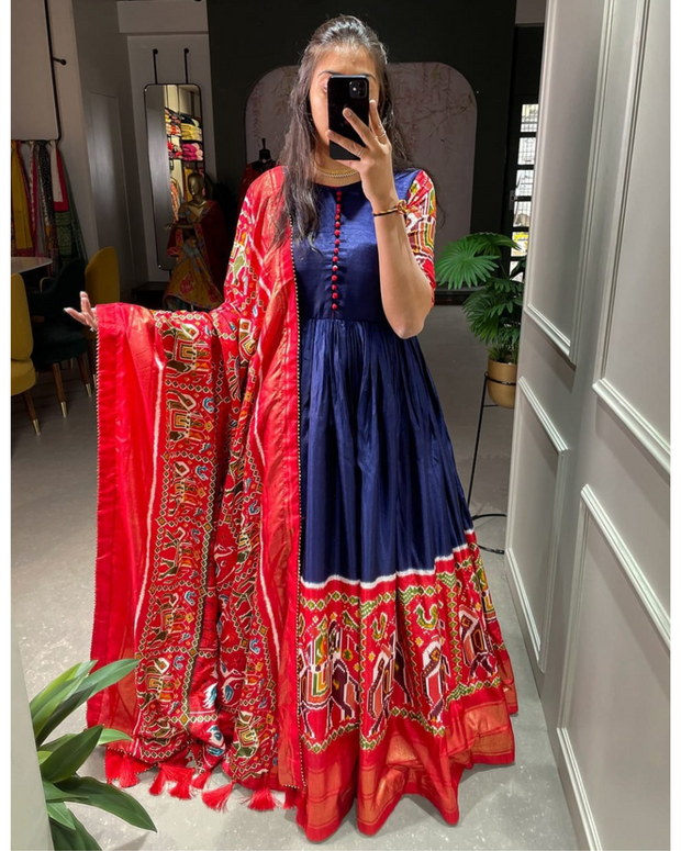 Navy Blue Patola Printed Gown With Dupatta