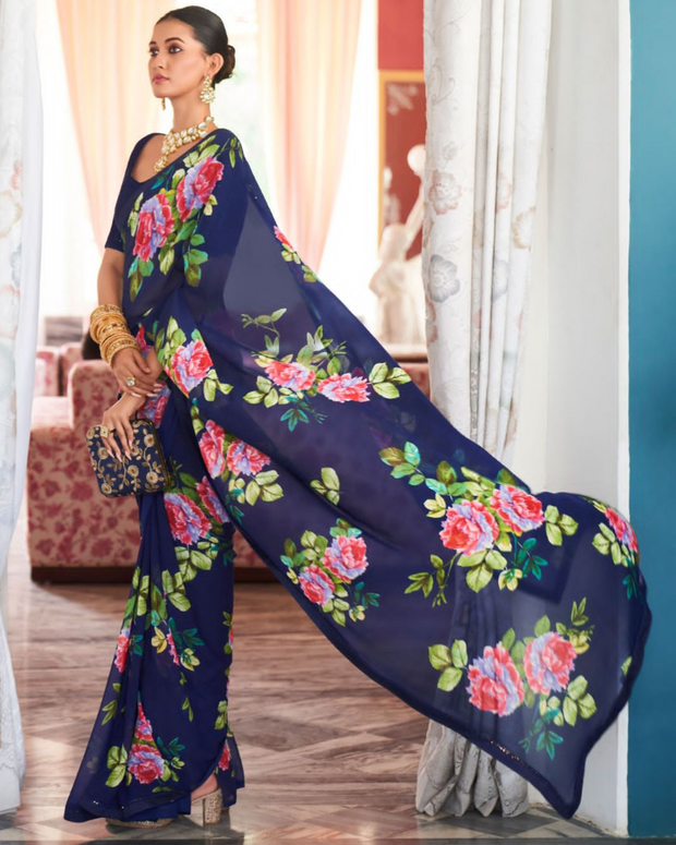 Blue Floral Printed Saree