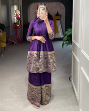 Violet Silk Zari Detailed Kurta And Plazzo SetV