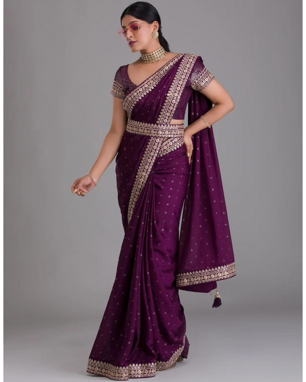 Burgundy Embroidered Sequins Saree