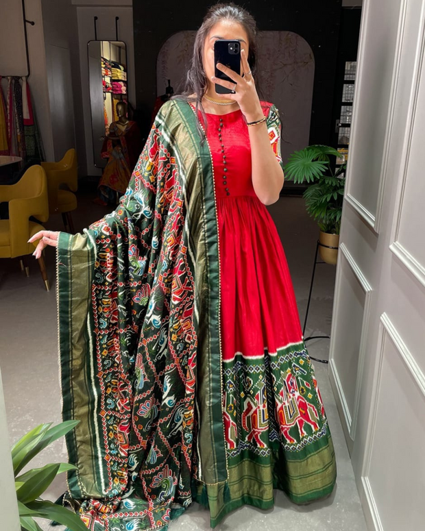 Red Patola Printed Gown With Dupatta