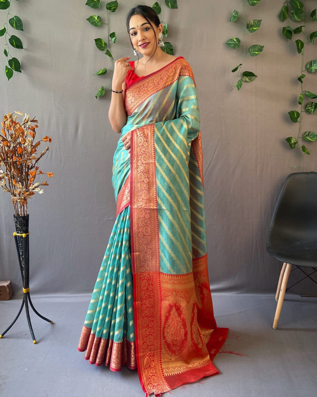 Green Organza Leheriya Saree