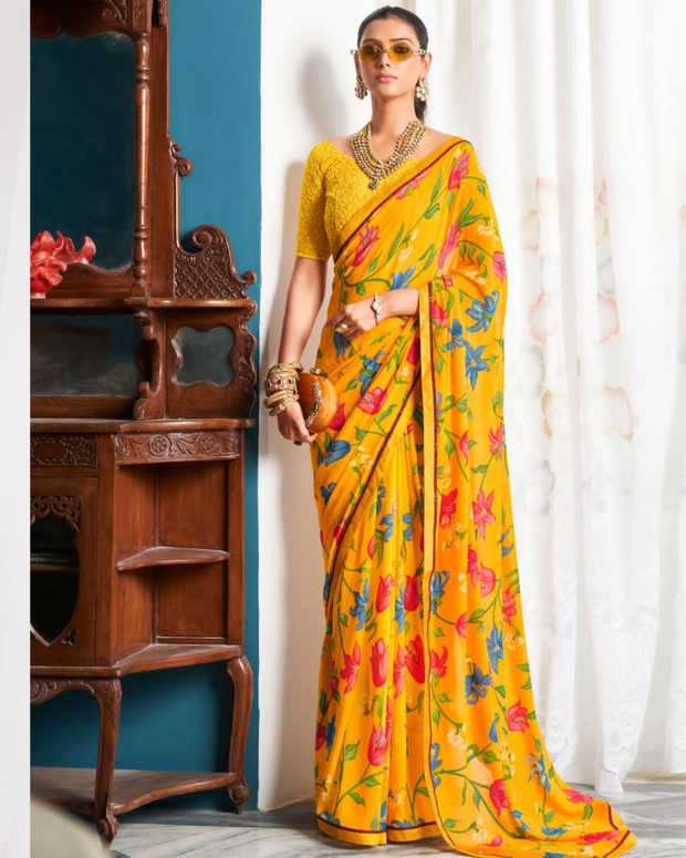 Mustard Yellow Floral Printed Saree