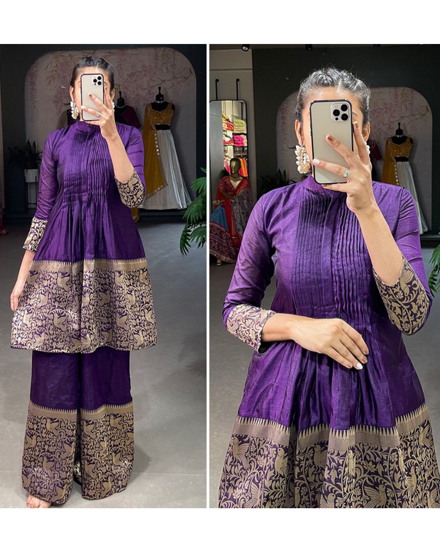 Violet Silk Zari Detailed Kurta And Plazzo SetV