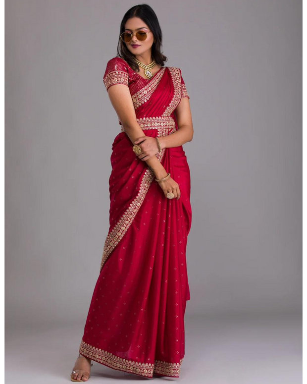 Red Embroidered Sequins Saree