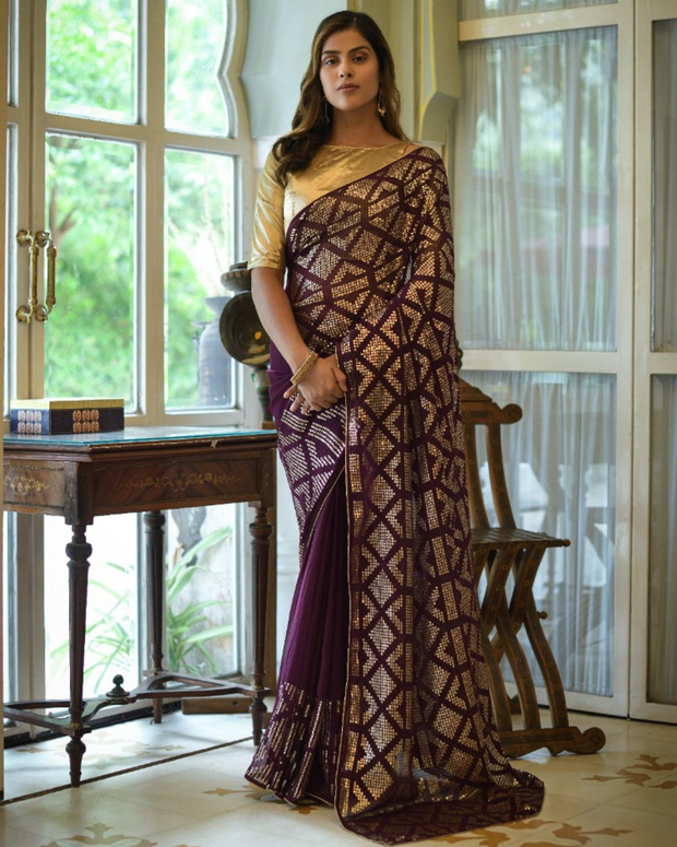 Burgundy Matte Sequence Georgette Saree