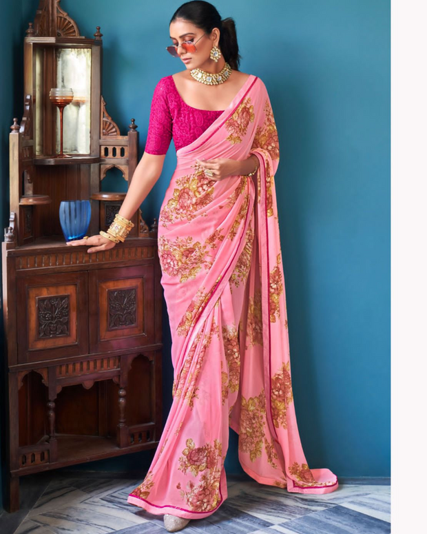 Pink Floral Printed Saree