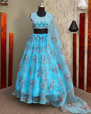 Blue Organza Embroidered Lehenga Set