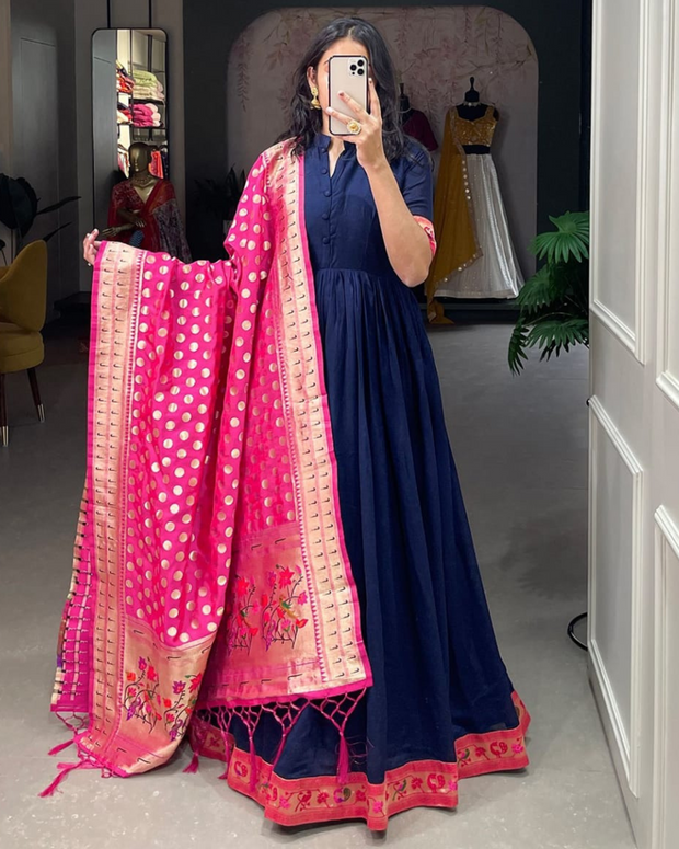 Navy Blue Gown With Paithani Dupatta