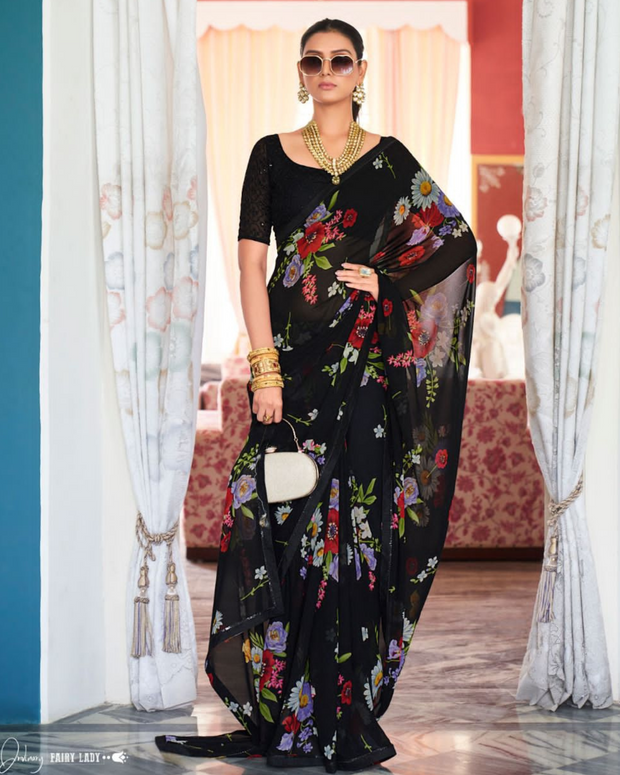 Black Floral Printed Saree