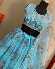 Blue Organza Embroidered Lehenga Set