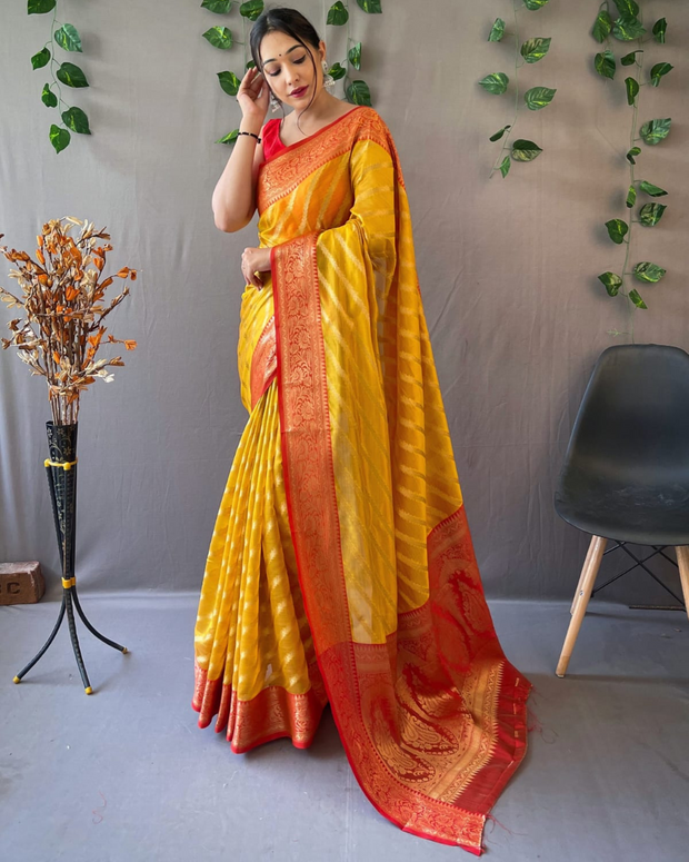 Yellow Organza Leheriya Saree