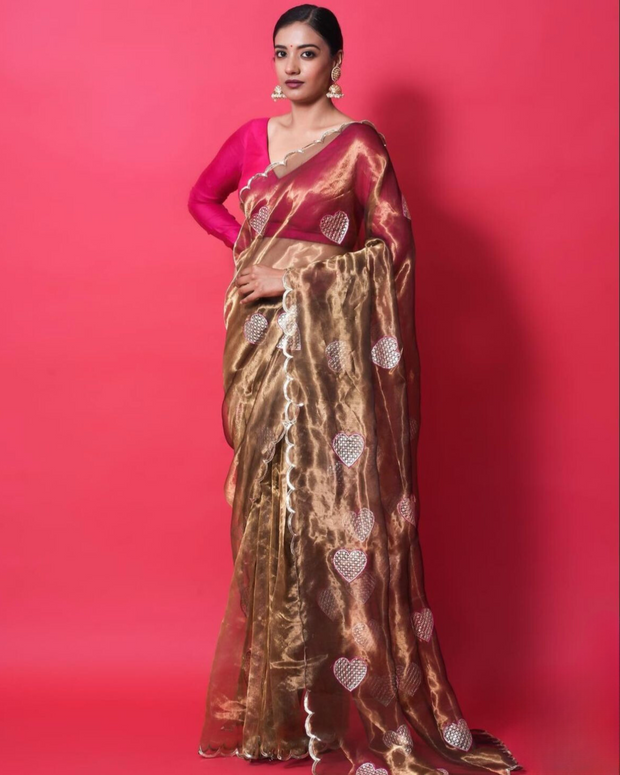 Golden Organza Shimmer Saree