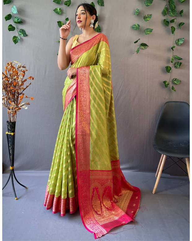 Parrot Green Organza Leheriya Saree