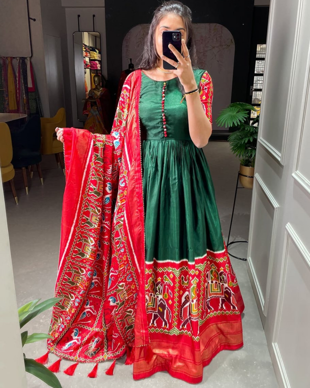 Bottle Green Patola Printed Gown With Dupatta