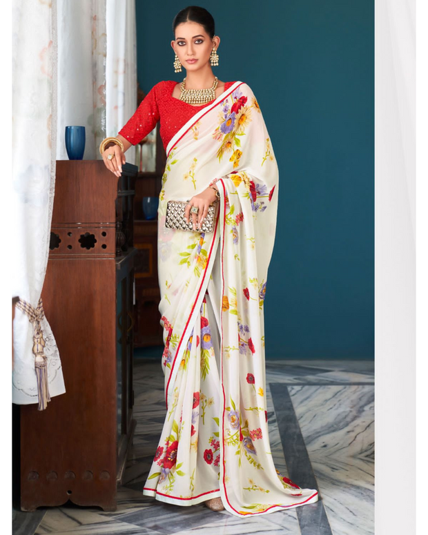 Off White Floral Printed Saree