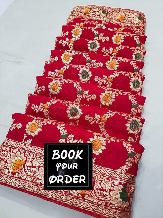 Red Pink Banarasi Cotton Silk Saree 22WSEP23-2