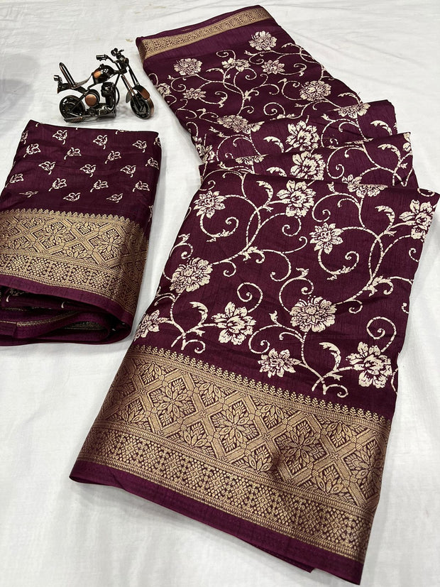 Maroon Floral Printed Dola Silk Sarees 27WSEP23-1