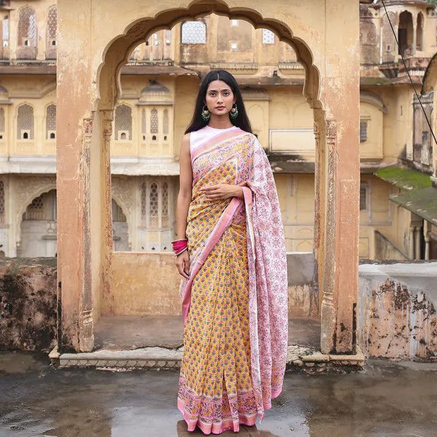 Yellow block printed saree 18JUNW4