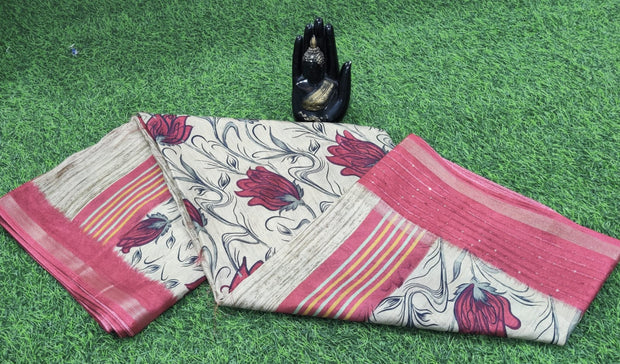 Cream-Tomato Red Tussar Silk 4JUL4E