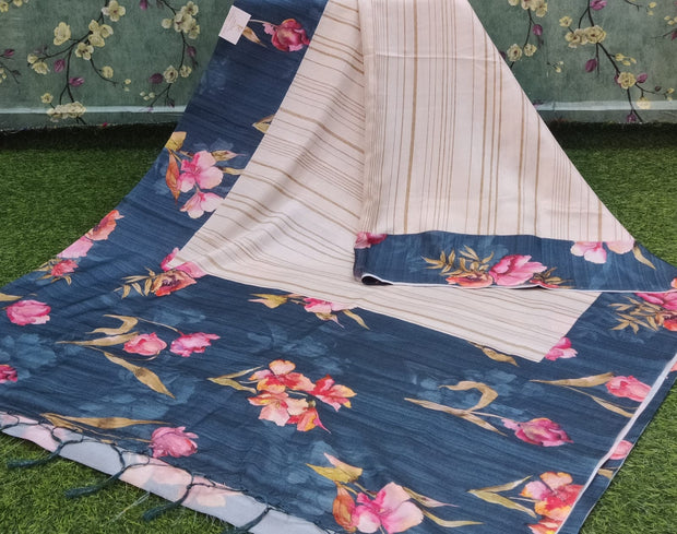 Cream-Blue Tussar Silk 17H16