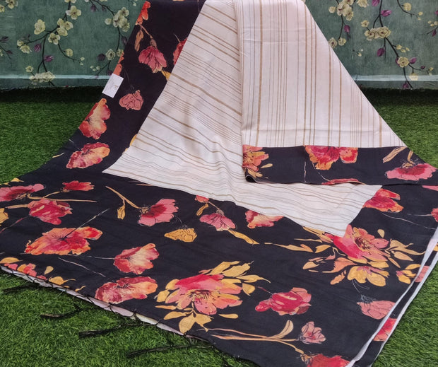 Cream-Black Tussar Silk 17H14