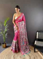 Pink Madhubani Tussar Silk Saree