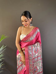 Pink Madhubani Tussar Silk Saree