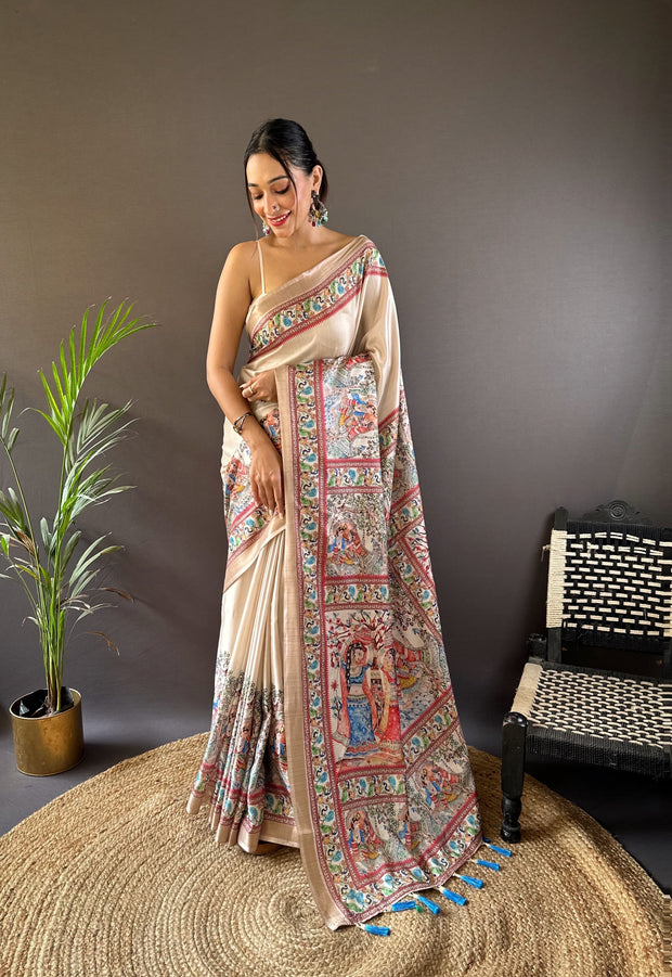 Off White Madhubani Tussar Silk Saree